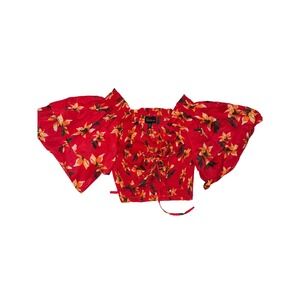 Love Chelsey Red Floral Smocked Crop‎ Top Ruffle Sleeve Large pin up rockabilly
